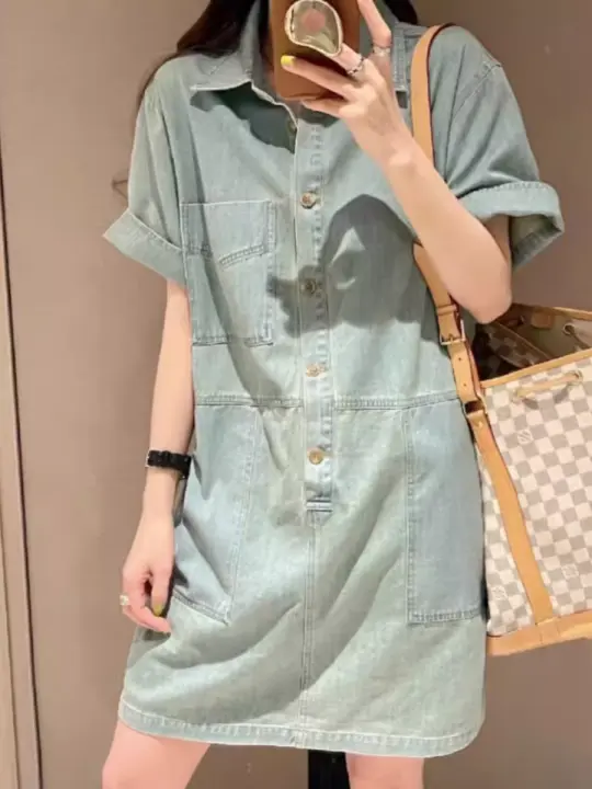 Vestido de Denim para Mujer de Moda Estilo Suelto, Cuello de Polo, Falda Midi en Forma de H - 1