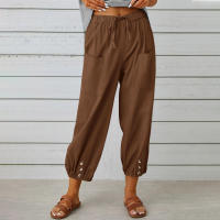 Pantalón holgado de lino y algodón con botones para mujer, pantalón ancho con nueve puntos, cintura alta, novedad - details 2