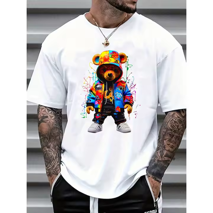 Camiseta casual de manga corta con cuello redondo y estampado de oso de dibujos animados de verano para hombre - 1