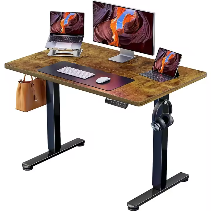 Escritorio Elevable Eléctrico, Mesa Ajustable en Altura 120x60 cm, Mesa de Oficina con Panel Inteligente de 4 Memorias, Escritorio con Gancho para Mochila y Tablero Ensamblado (Marrón Vintage) - 1