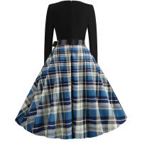Women plaid print long sleeve vintage a line party dress v neck - details 33