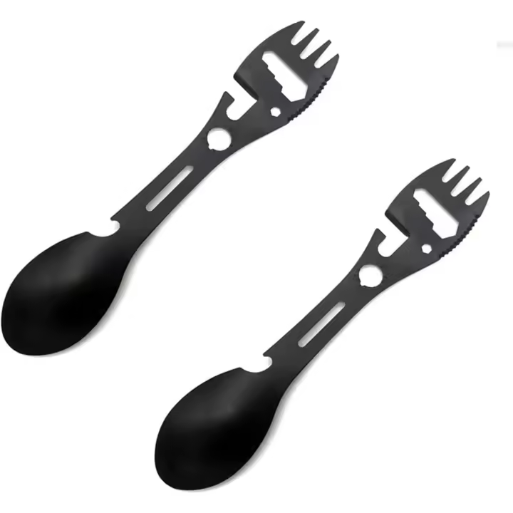 Entersports Utensilio de Camping Táctico de Acero Inoxidable Cuchillo-Cucharador Desmontable de 10 Funciones para Senderismo Combo de Cubierto-Cuchillo-Abrebotellas - 1