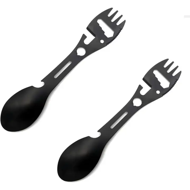 Entersports Utensilio de Camping Táctico de Acero Inoxidable Cuchillo-Cuchara-Abrebotellas 10 en 1 para Senderismo - 1