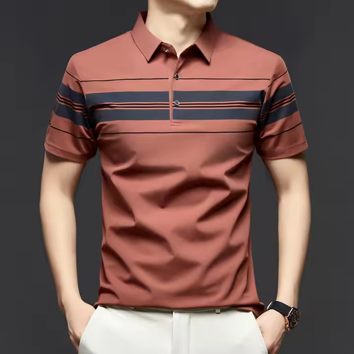 Nueva camisa polo a rayas para hombre, camiseta informal de mediana edad con solapa transpirable de verano para hombre, traje de papá - 1