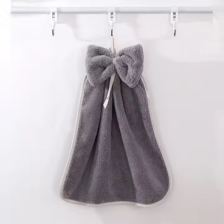 Linda toalla de mano con pajarita colgante, paño grueso y suave de lana de coral, toalla de cocina absorbente suave - 1