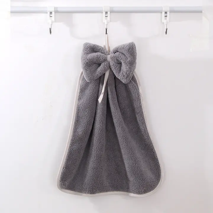 Linda toalla de mano con pajarita colgante, paño grueso y suave de lana de coral, toalla de cocina absorbente suave - 1