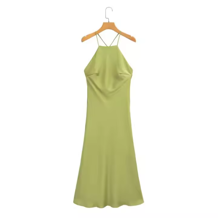 Ropa de mujer europea y americana temperamento de moda vestido versátil de satén de seda con tirantes verde y negro - 1
