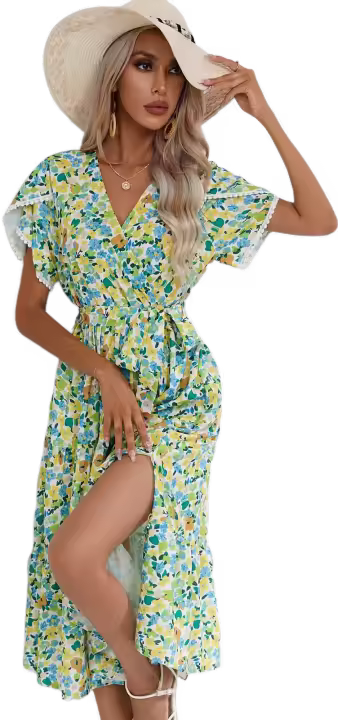 Vestido bohemio Retro de verano para mujer, manga corta, estampado básico, ventilación, Verde S - 1