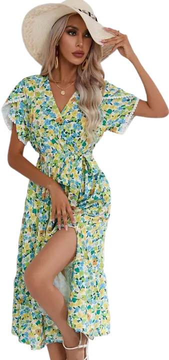 Vestido bohemio Retro de verano para mujer, manga corta, estampado básico, ventilación, Verde S - 1