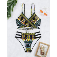 Traje de baño de dos piezas con lazo cruzado frontal para mujer, traje de baño de bikini sexy estampado de estilo étnico - details 15