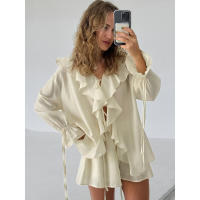 Conjunto casual de moda con volantes Design Sense, primavera verano, nuevo cárdigan con lazo, top y shorts, ropa de mujer - details 5