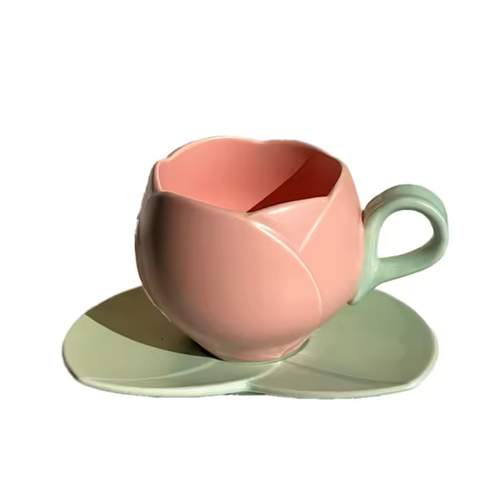 Taza de café de cerámica con forma de flor, vaso de tulipán de 300ml, Taza de cerámica para beber, platillo, A - 1