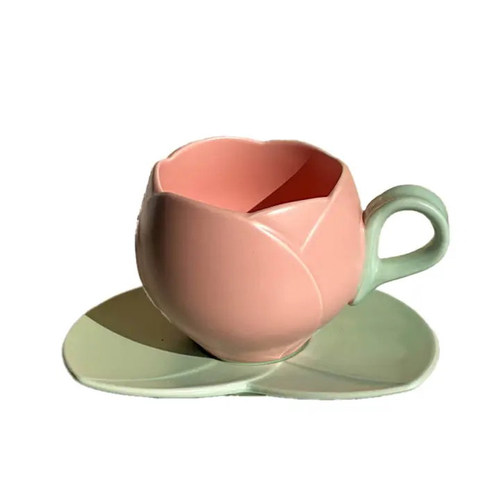 Taza de café de cerámica con forma de flor, vaso de tulipán de 300ml, Taza de cerámica para beber, platillo, A - 1