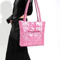 Bolso de mano acolchado de plumas para mujer, bolsa de hombro de gran capacidad, alta calidad, Color sólido, Invierno - details 10