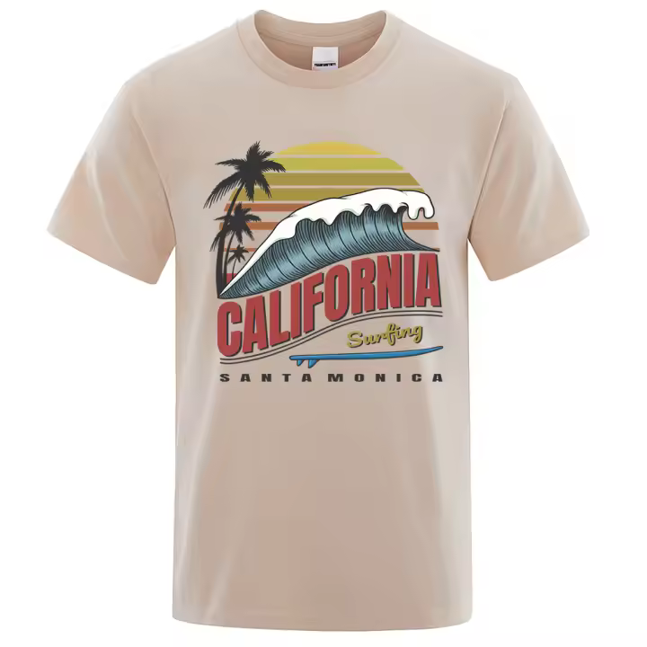 Camiseta de algodón con cuello redondo para hombre, ropa de playa transpirable de gran tamaño con estampado de California surfing Santa Monica, 90d - 1