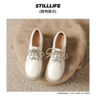 Nuevo otoño cabeza redonda de cuero suave con cordones zapatos individuales de suela plana blanco versátil británico pequeño zapatos de cuero - details 15