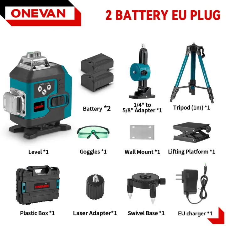 Nivel láser ONEVAN de 16 líneas, línea verde, 360° horizontal y vertical, autonivelante, súper potente, con batería de iones de litio. - 1