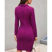 Vestido midi de manga larga para mujer, elegante estilo coreano con cuello en V de color sólido, ocasión formal, venta - details 3