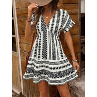 2024 nuevo vestido de vacaciones informal de verano con estampado geométrico y cuello en V y manga caída para mujer 1 - details 3