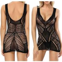 Mini Vestido sexy de malla con encaje transparente y aberturas para mujer, ropa de dormir sin mangas y sin espalda - details 0