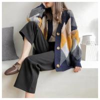 Cárdigans elegantes a cuadros para mujer, suéteres de gran tamaño con botones y manga abombada, Tops para invierno y primavera 2024 - details 5