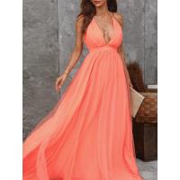 Vestido De Noche Sexy Sin Espalda Con Tirantes Finos Y Escote En V Profundo Y Abertura Alta Naranja - details 3