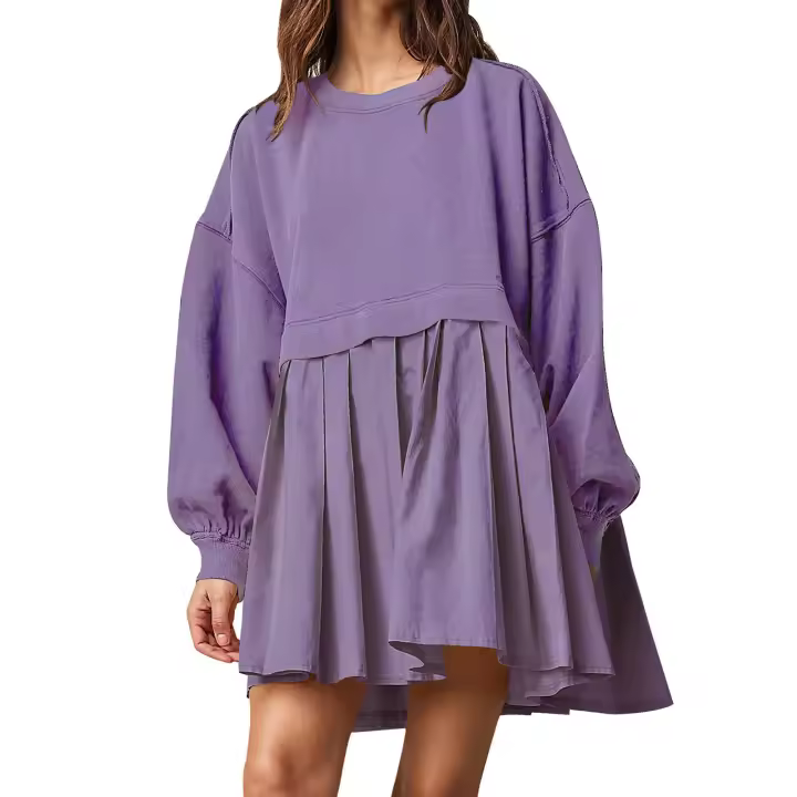 Ropa de mujer a la moda, paneles de manga larga para mujer, vestido deportivo holgado y plisado, vestido informal de color sólido - 1