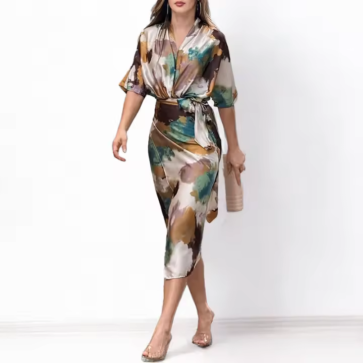 2025 primavera vestido de mujer europeo y americano nuevo temperamento impresión de moda cuello en v con cordones cintura vestido delgado - 1