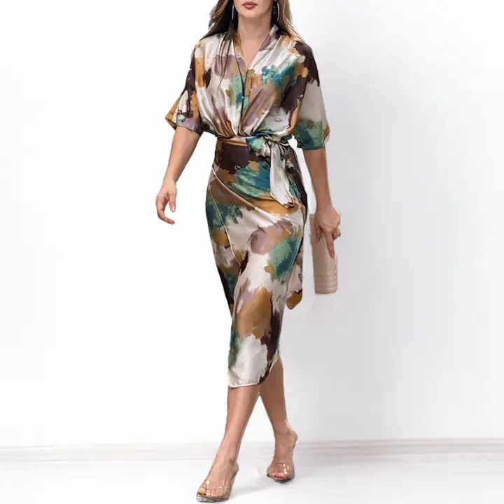 Vestido europeo de primavera 2025 y americano para mujer, nuevo temperamento, estampado de moda, cuello en V, entallado, con encaje. - 1