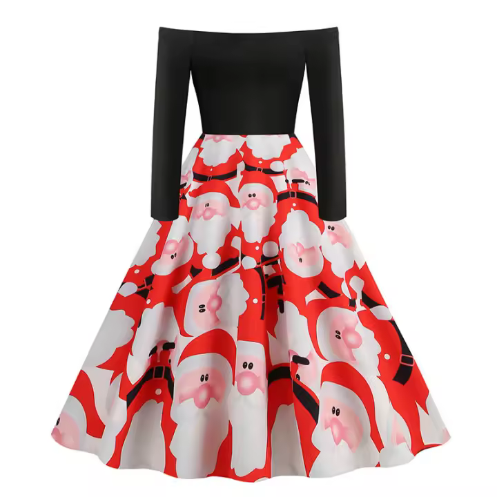 2025 Otoño/Invierno nuevo vestido de estilo años 50 de manga larga con un hombro estampado navideño - 1