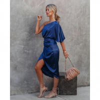 Elegante Vestido de Satén Sin Espalda Hasta el Hombro Desigualado, Vestido de Cóctel con Cremallera - details 8