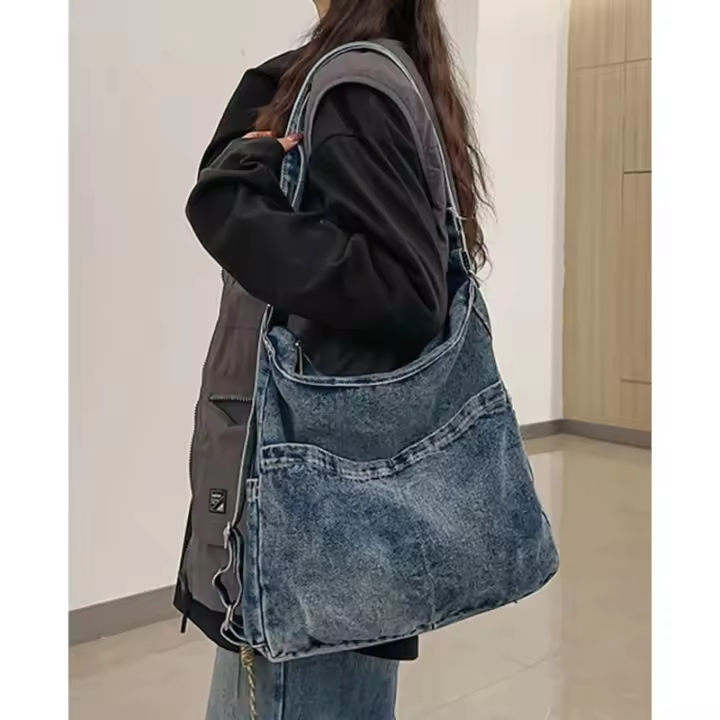 Bolso de hombro de lona vaquera para mujer, bolsos Hobo, bolso cruzado Retro, bolso de mano holgado, bolso de mano - 1