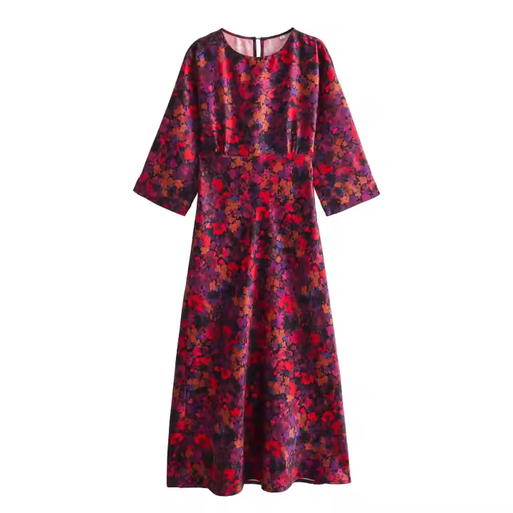 TRAFZA-Vestido largo informal de media manga para mujer, prenda elegante y elegante con estampado de botones y cuello redondo, estilo bohemio, para fiesta - 1