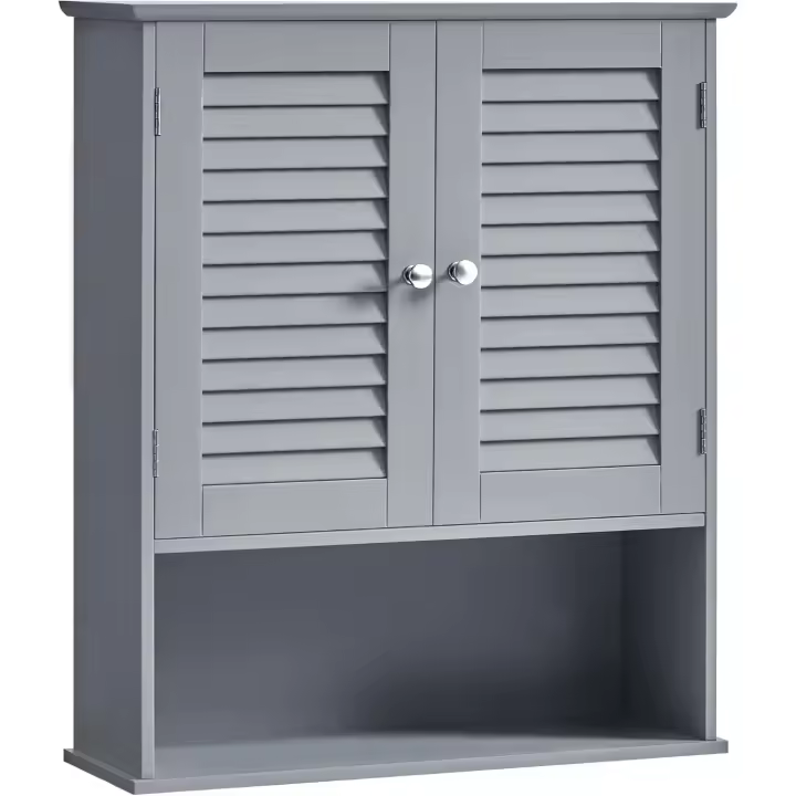 Armario de Pared para Baño, Armario Colgante, Armario de Almacenamiento con Estante Ajustable, Puertas de Doble Persiana y Estante Abierto, 20 x 60 x 70 cm - 1