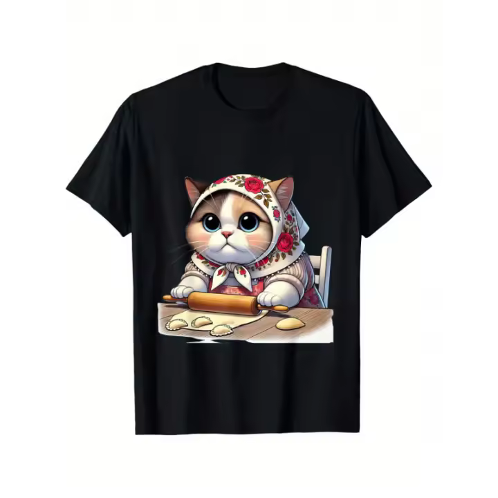 Camiseta de gato para hombre, color negro, cómoda y transpirable, de verano, 230 g, 100% algodón, suave y elástica, ideal como regalo. - 1