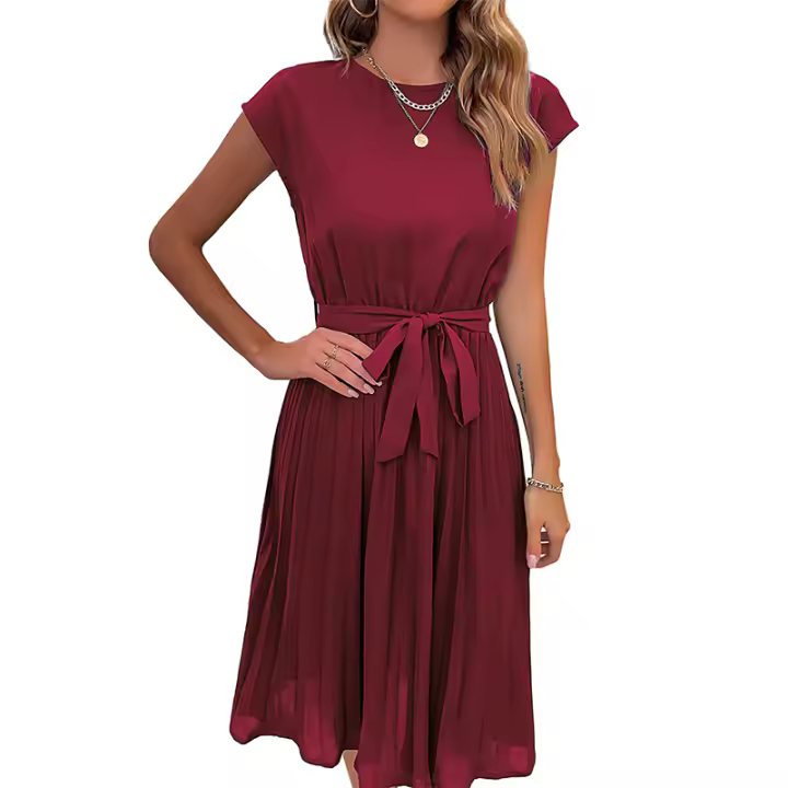 Vestido plisado elegante para mujer, manga corta con cinturilla, verde negruzco S, Verano - 1