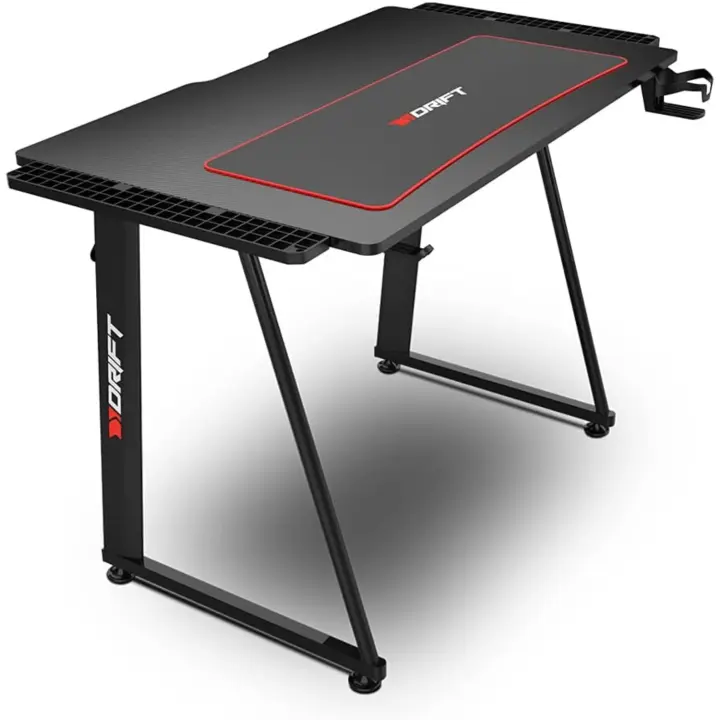 Mesa de Juegos de Carbono Fibra Cubierta de Alfombrilla Completa, Soporte para Tazas y Auriculares, Regulable en Patas, Color Negro - 1
