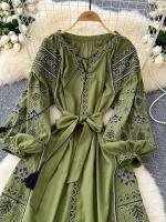 Vestido largo ceñido a la cintura con mangas abullonadas bordadas para primavera y otoño de estilo étnico bohemio para mujer A155 - details 3