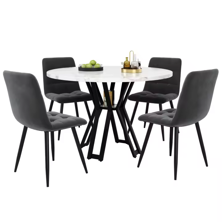 Conjunto De Mesa (5 Piezas), Conjunto De Mesa De 4 Sillas, Conjunto De Mesa Moderna, Mesa Redonda De 100 Cm De Diámetro, Patas Negras, Mesa De Comedor De MáRmol Blanco, Silla De Comedor De Terciopelo Gris - 1