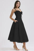 Vestido midi de satén con tirantes finos para mujer, abertura frontal, ahuecado, con bolsillos - details 59