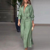 Vestido de manga larga con cuello en V profundo, entallado en la cintura, de color sólido, para mujer, primavera 2025, nuevo para ir al trabajo. - details 6
