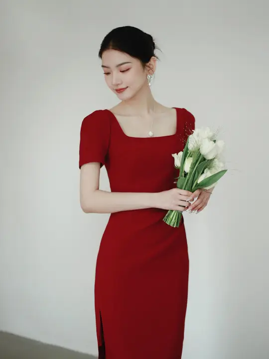 Vestido largo elástico y ajustado de manga corta con cuello cuadrado francés para mujer - 1