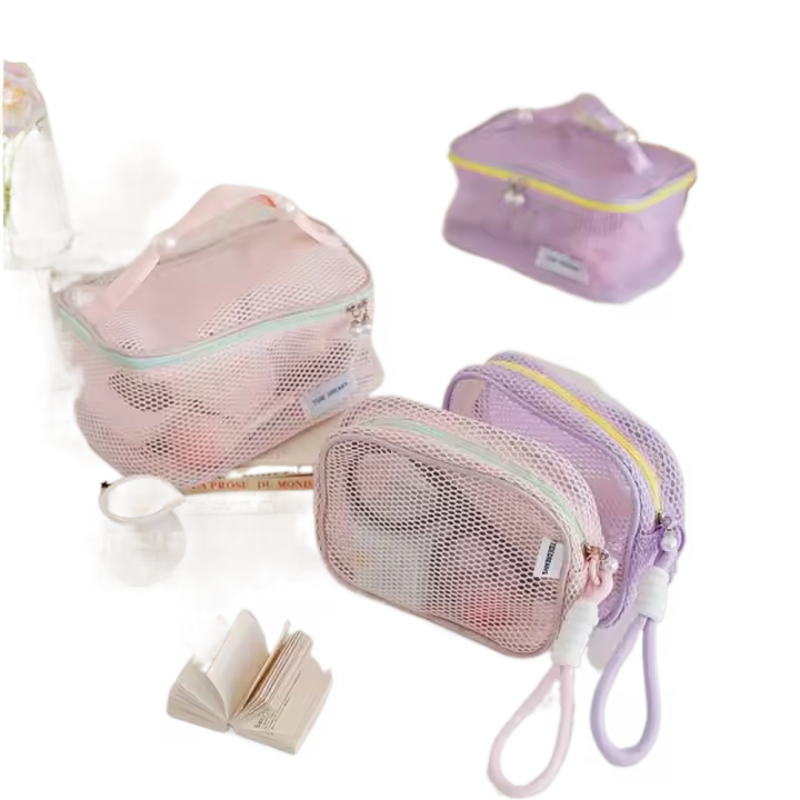 Bolsa de cosméticos de malla de Color sólido, bolsa de almacenamiento de gran capacidad, bolsa de maquillaje transparente, estuche organizador, bolsa de aseo, bolsa de maquillaje con almohada - 1