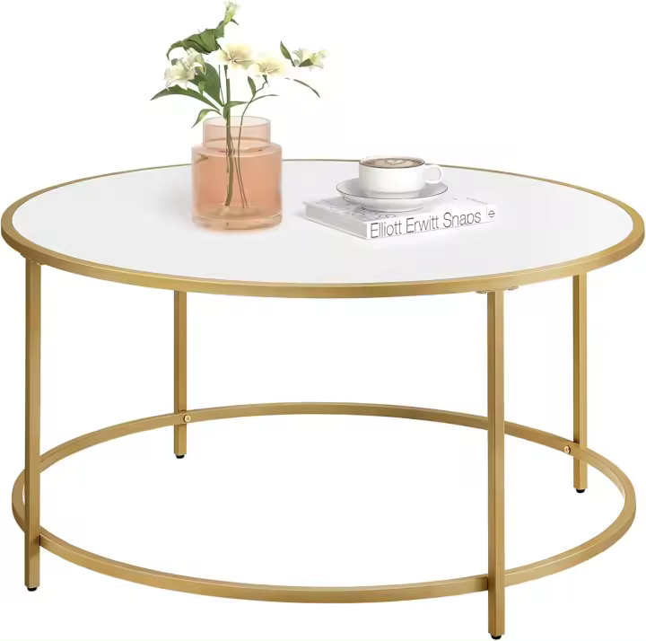 VASAGLE Mesa de Centro Redonda, Mesa de Cristal con Marco de Acero, Mesa de Salón, Mesa de Café, Dorado LGT21G - 1