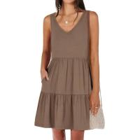 Vestido casual de verano para mujer, sin mangas, con cuello en V, camiseta, vestido de verano, mini vestidos de vacaciones en la playa - details 14