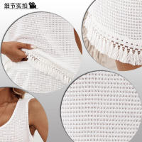 Conjunto casual de chaleco y pantalones cortos con borlas para el hogar, talla grande - details 2