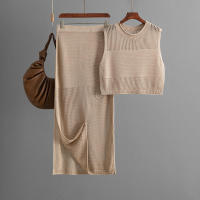 BGTEEVER Spring Summer Elegant Slim Ladies 2 Pieces Knitted Set O-neck Sleeveless Vests & High Waist Split Sweaters Skirts - details 9