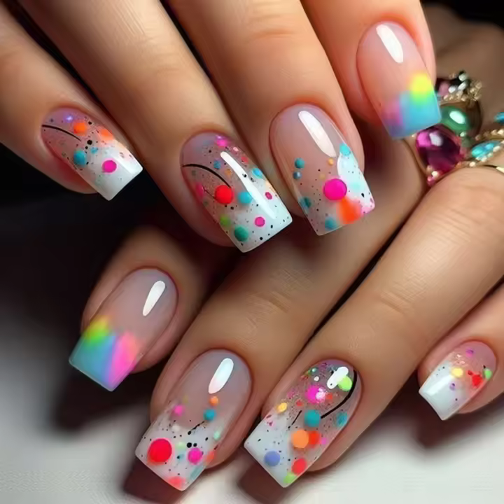 24 Piezas De Uñas Postizas De Color Saltarín De Tamaño Medio Estilo Europeo Para Fiesta Mezcla Versátil ABS - 1