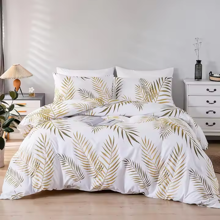 Funda Nordica para Cama 135/150 con Patrón Hojas Tropicales Funda de 220x240 cm y 2 x Fundas de Almohada de 50x75 cm Suave Juego de Ropa de Cama 100% Microfibra Oro y Blanco - 1