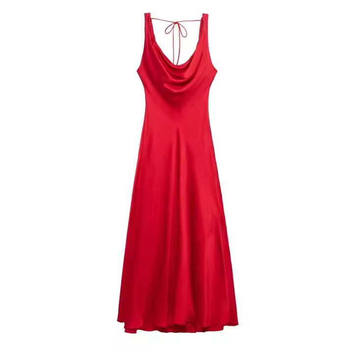 2025 verano nueva ropa de mujer textura de satén de seda vestido de tirantes largo vestido de fiesta con cuello en V para mujer - 1